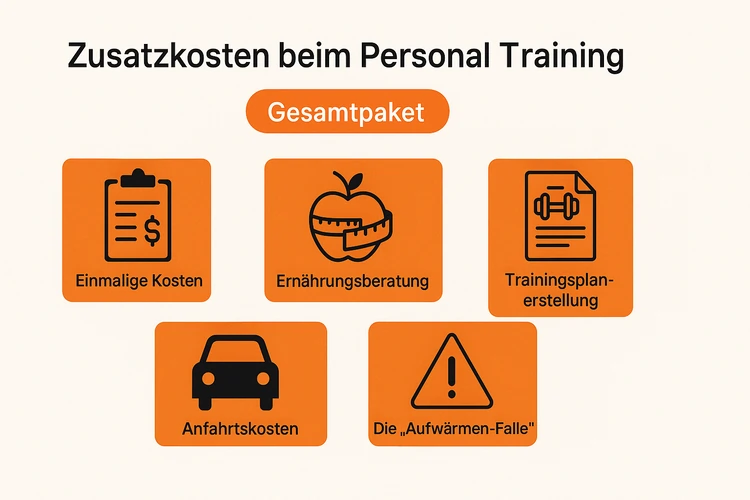 Infografik zeigt häufige Zusatzkosten beim Personal Training, wie Anfahrtskosten, Ernährungsberatung, Trainingsplanerstellung und versteckte Gebühren, übersichtlich dargestellt mit Icons und Textfeldern.