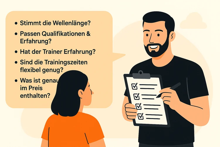 Fragen an den Personal Trainer: Diese Grafik zeigt, worauf Sie achten sollten, um den passenden Coach mit fairem Preis-Leistungs-Verhältnis zu finden.