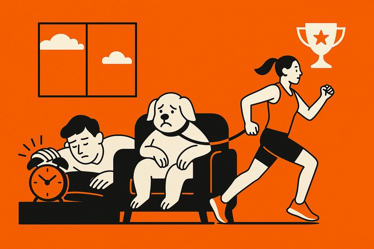 Illustration wie sich eine Person schwer zum Sport motiviert