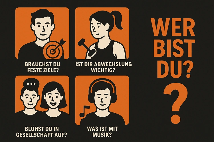 Infografik zu den Motivationstypen für Sport. Groß die Frage: "Wer bist du?"