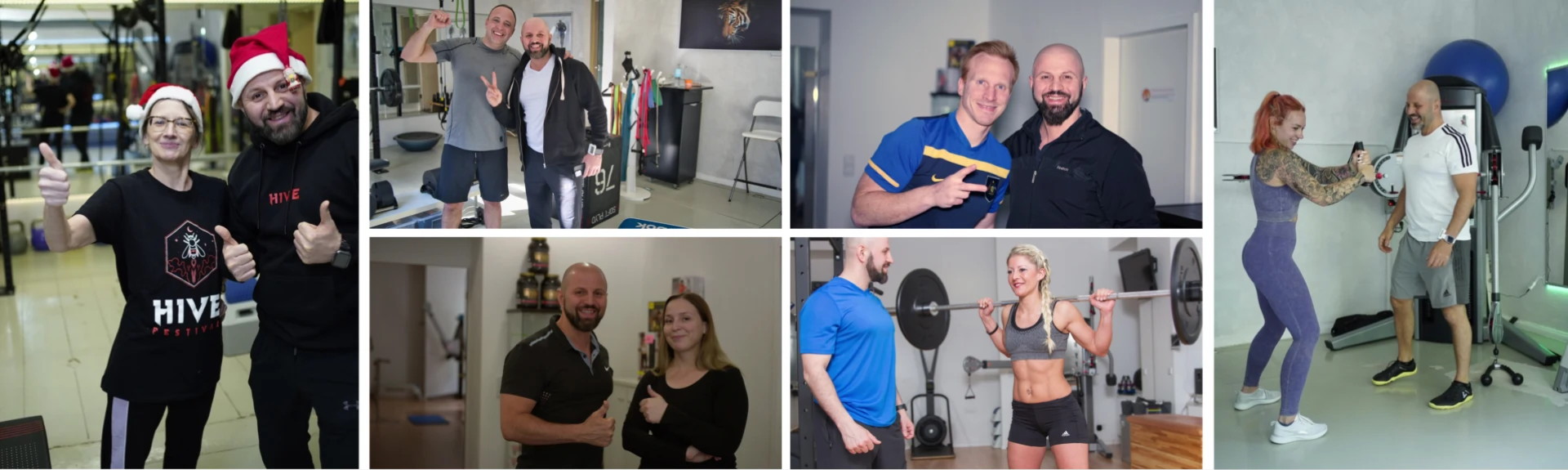 Fotocollage von glücklichen Kunden, die in die Kamera schauen mit Fitnesstrainer Tayfun