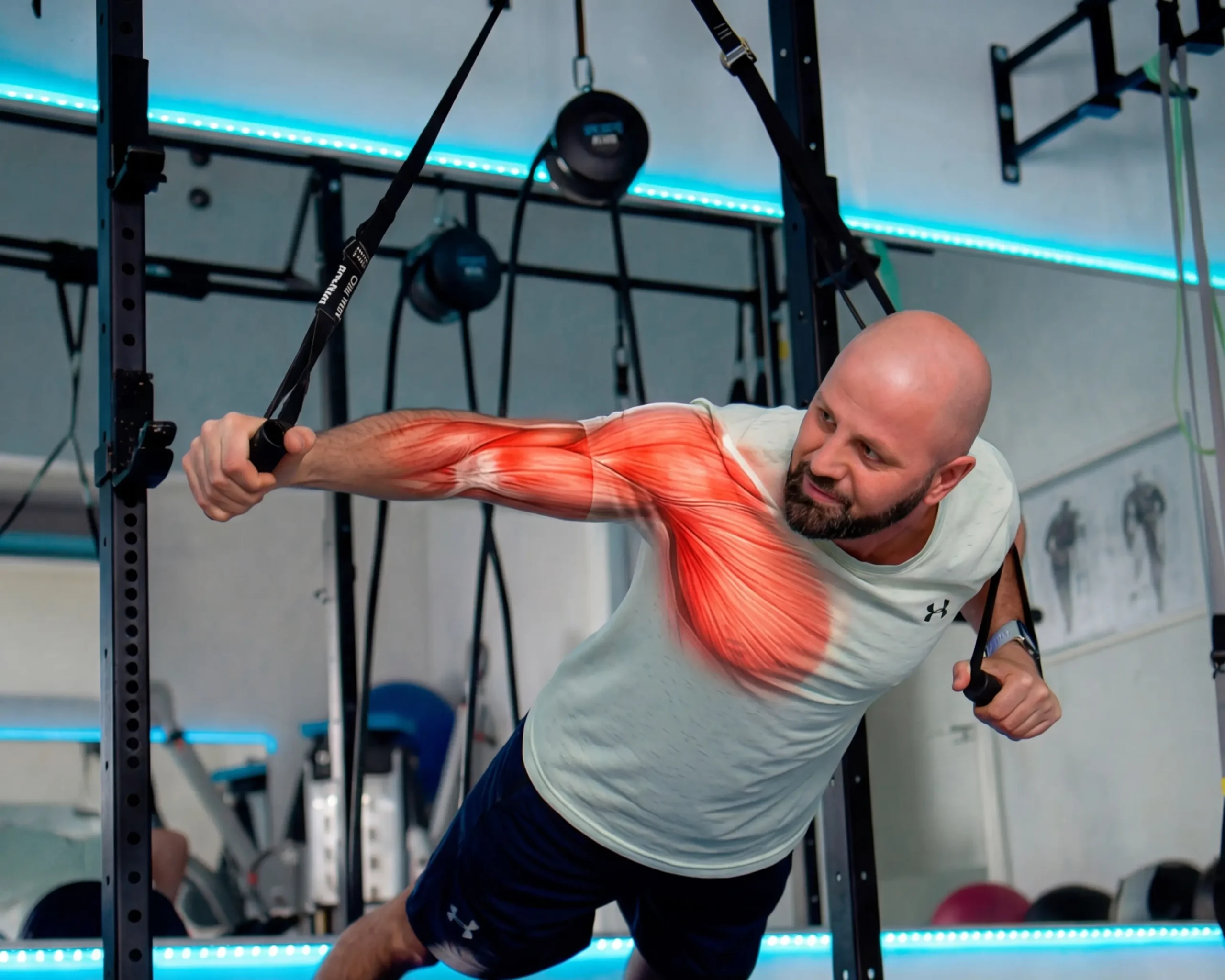 Person führt eine Übung am Slingtrainer aus; Schulter befindet sich in einer belasteten Position, die für ein Impingement-Syndrom problematisch sein kann. Grafik zeigt hervorgehobene Muskelfasern im Bereich der höchsten Belastung.