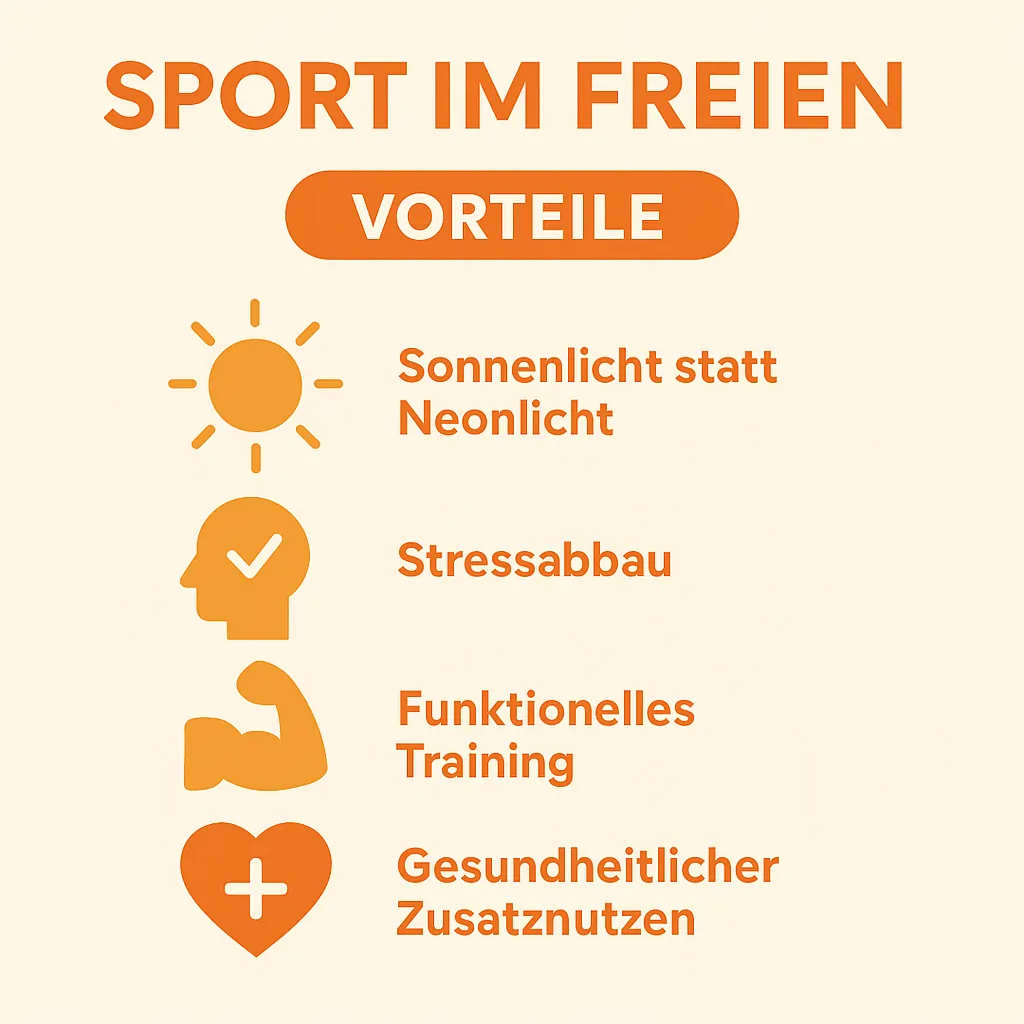 Eine Infografik über die Vorteile von Sport im Freien. Sonnenlicht, Stressabbau, funktionales Training, und mentale Vorteile