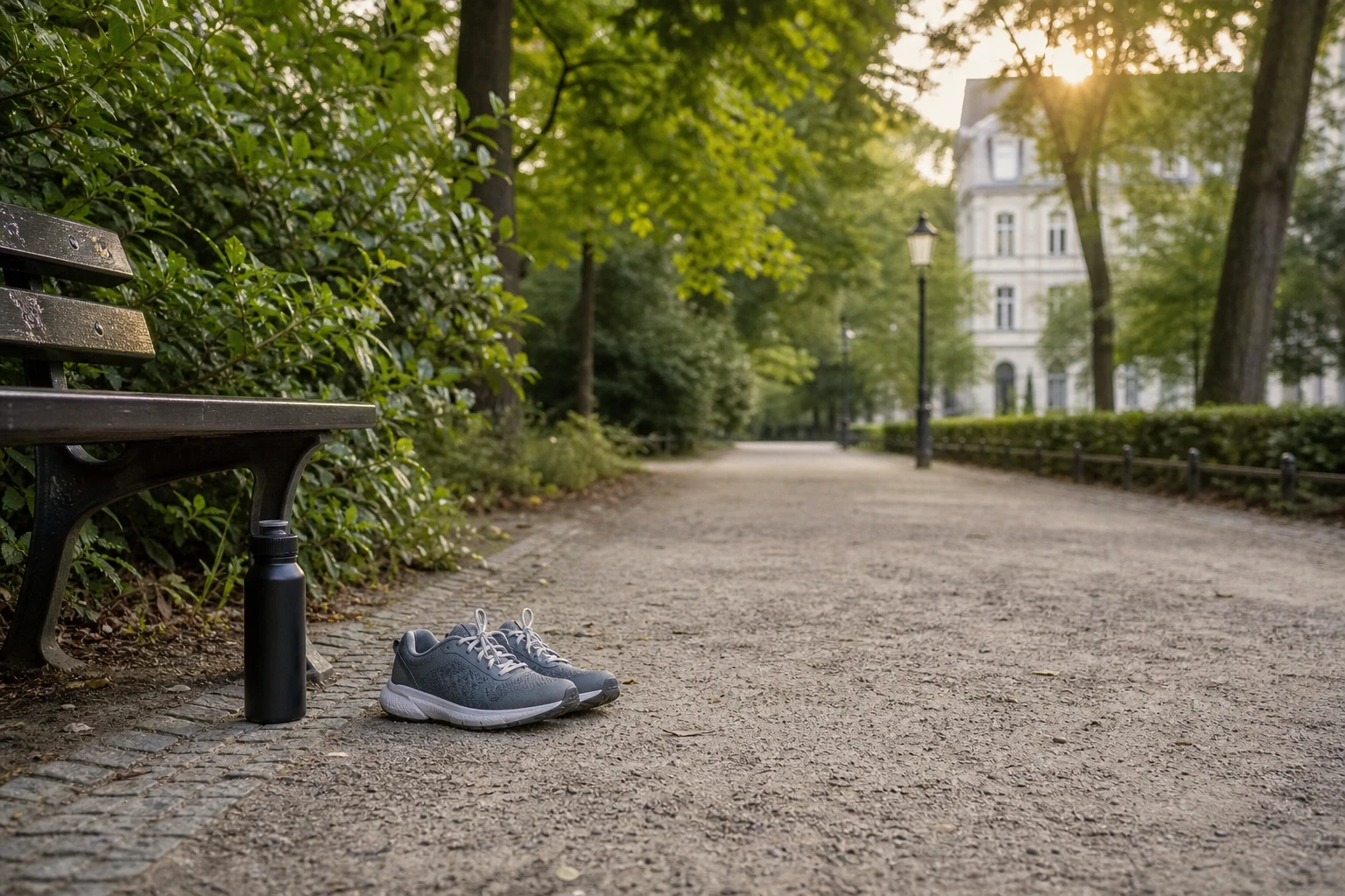Ruhiger Parkweg in Charlottenburg mit Laufschuhen und Wasserflasche für eine machbare Trainingsroutine