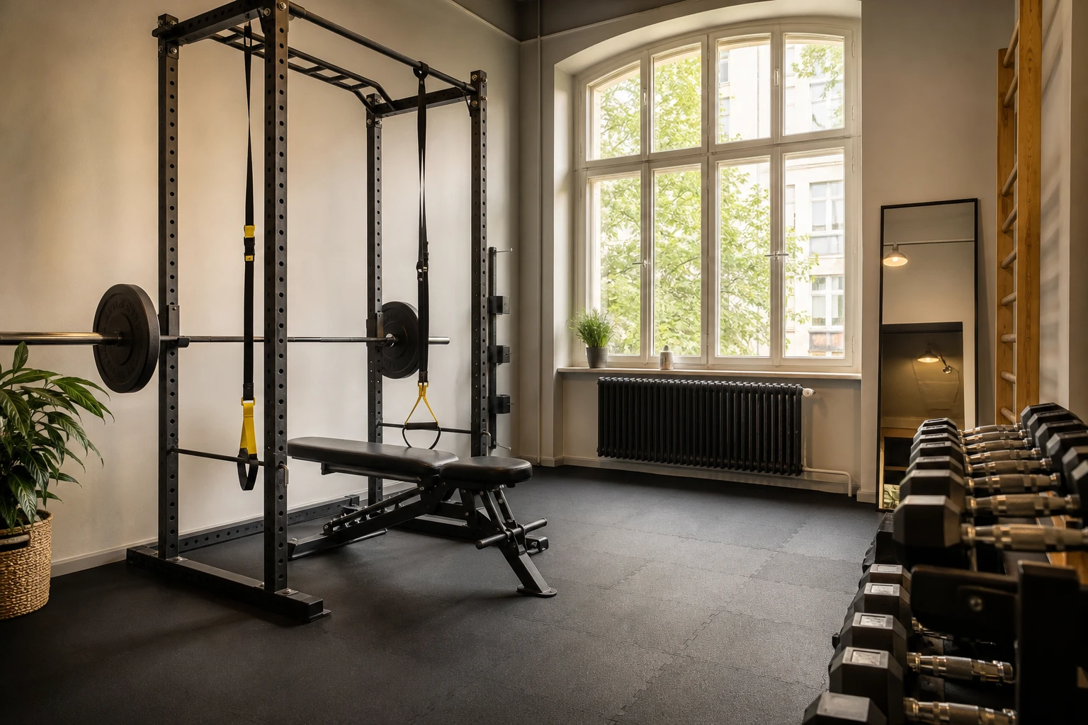 Leeres privates Personal-Training-Studio mit Rack und Sling-Trainer in Berlin-Charlottenburg