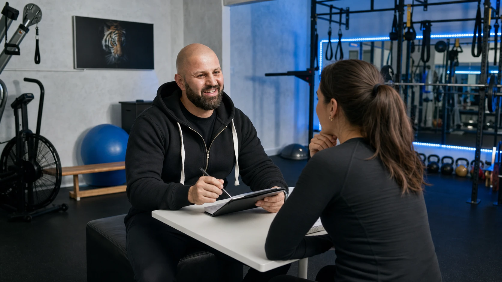 Personal Trainer in Berlin-Charlottenburg klärt mit einer Kundin Ziele im privaten Studio