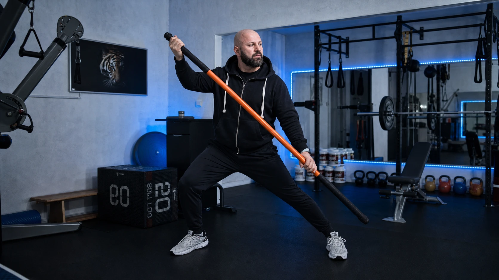 Tayfun demonstriert funktionelles Krafttraining mit Bodybar im privaten Personal-Training-Studio