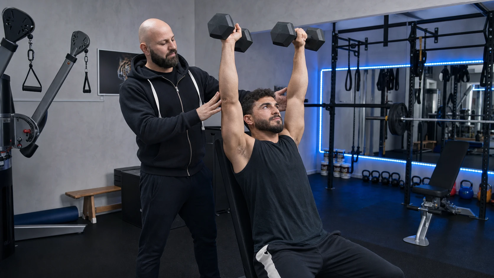 Personal Trainer korrigiert Kurzhanteltechnik im privaten Studio in Berlin-Charlottenburg